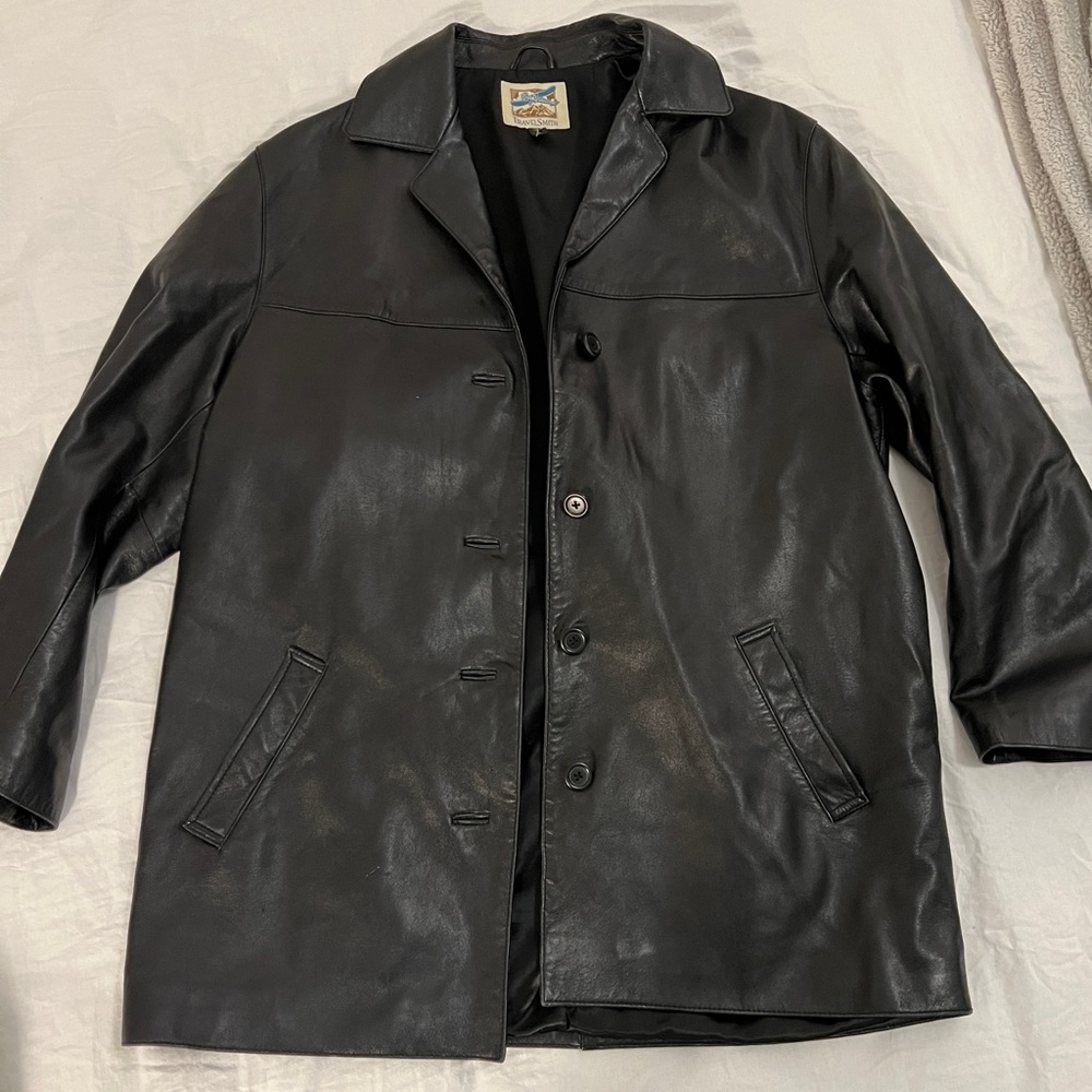 Vintage black long leather jacket